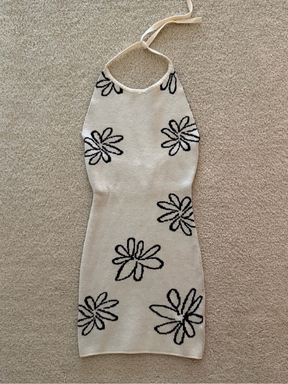 Cream Halter Knit Dress with Black Floral Detail - Size S